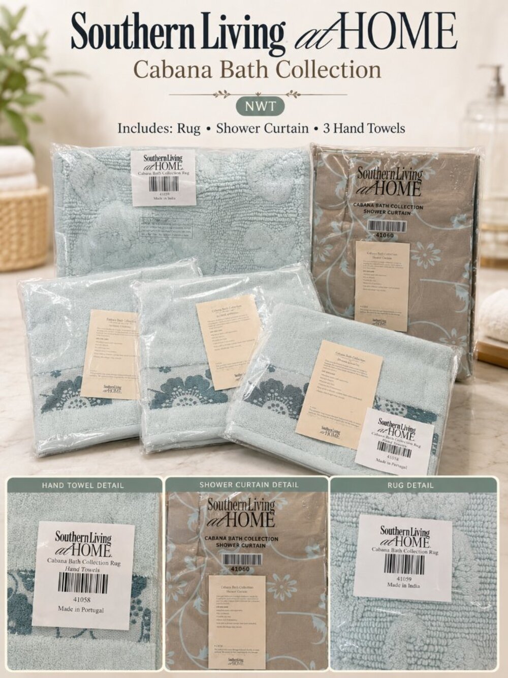 Southern Living at HOME Cabana Bath Set NWT Rug Curtain 3 Hand Towels